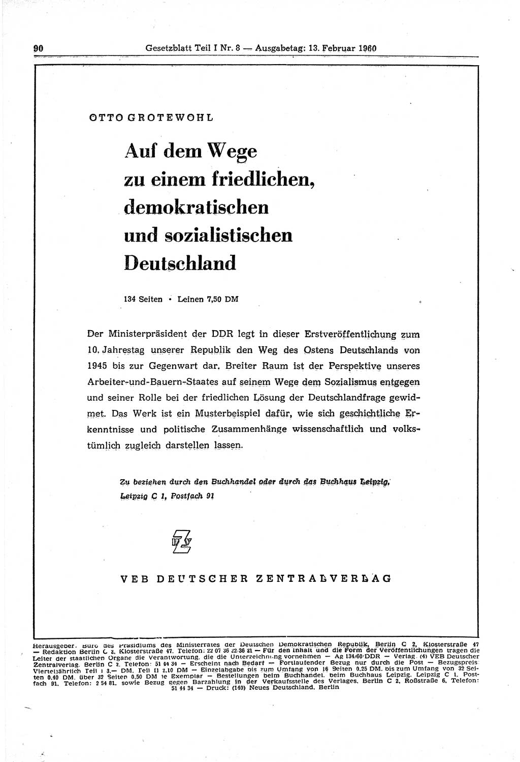 Gesetzblatt (GBl.) der Deutschen Demokratischen Republik (DDR) Teil Ⅰ 1960, Seite 90 (GBl. DDR Ⅰ 1960, S. 90)