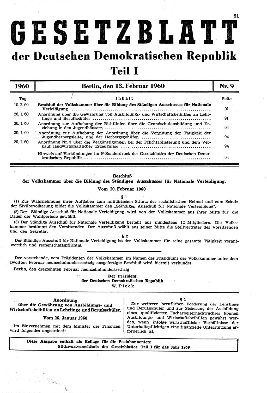 Gesetzblatt (GBl.) der Deutschen Demokratischen Republik (DDR) Teil Ⅰ 1960, Seite 91 (GBl. DDR Ⅰ 1960, S. 91)