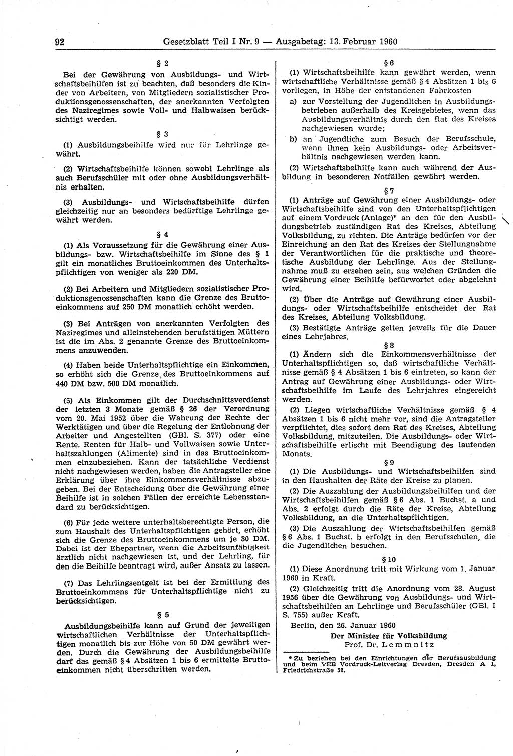 Gesetzblatt (GBl.) der Deutschen Demokratischen Republik (DDR) Teil Ⅰ 1960, Seite 92 (GBl. DDR Ⅰ 1960, S. 92)