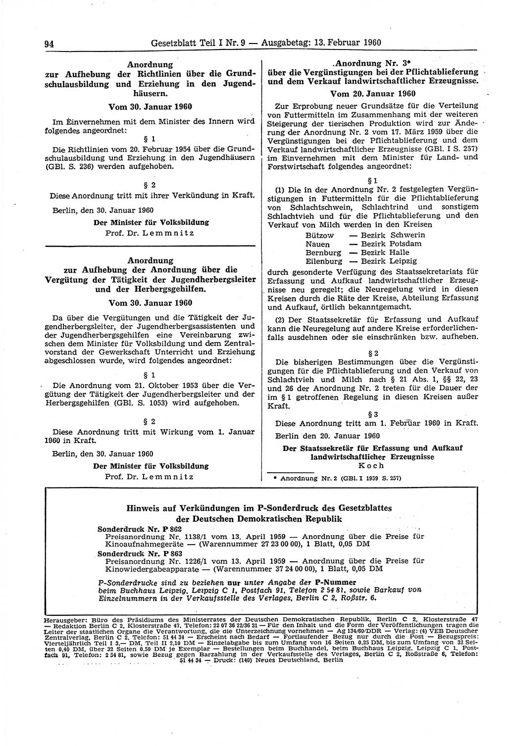 Gesetzblatt (GBl.) der Deutschen Demokratischen Republik (DDR) Teil Ⅰ 1960, Seite 94 (GBl. DDR Ⅰ 1960, S. 94)
