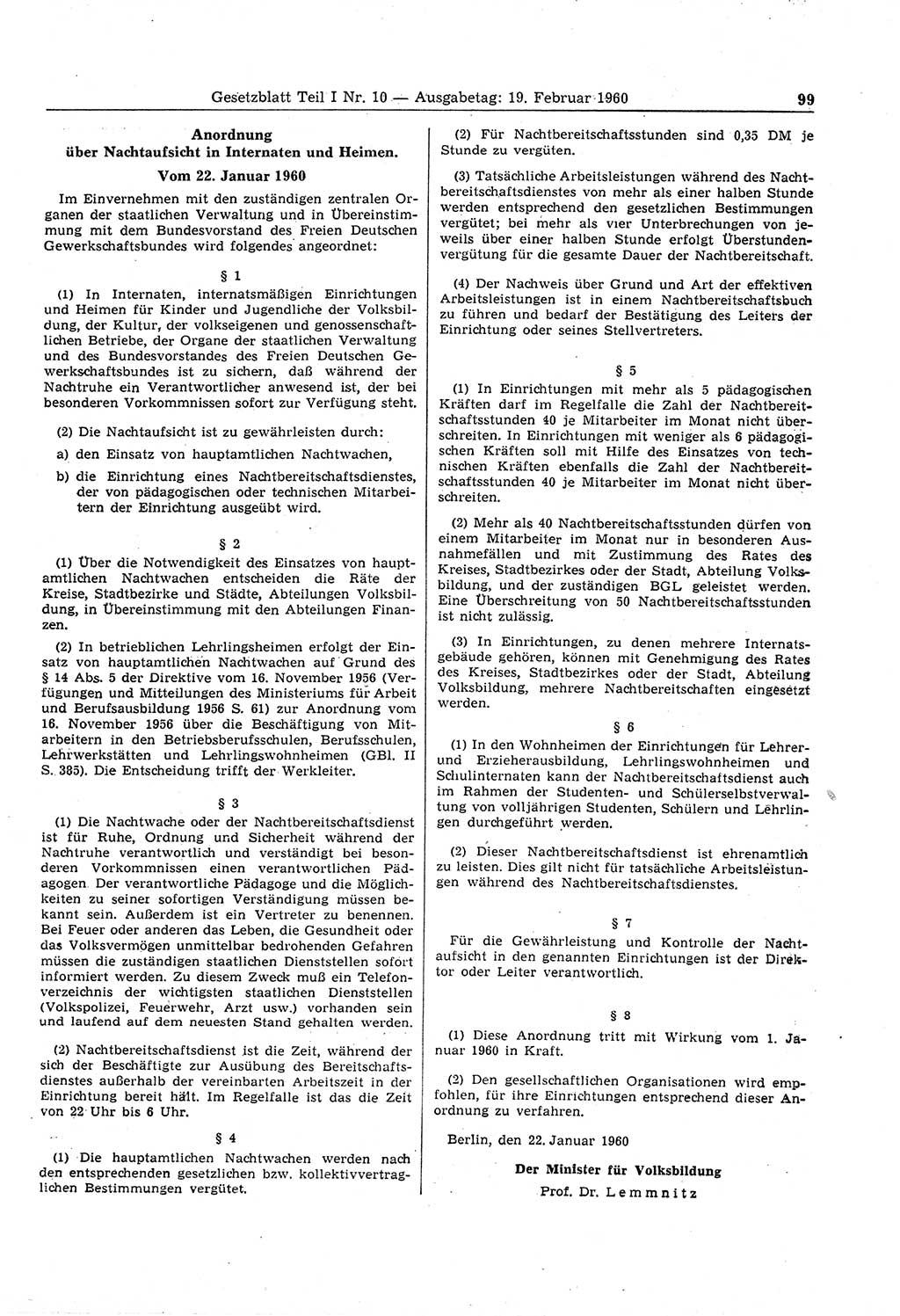 Gesetzblatt (GBl.) der Deutschen Demokratischen Republik (DDR) Teil Ⅰ 1960, Seite 99 (GBl. DDR Ⅰ 1960, S. 99)