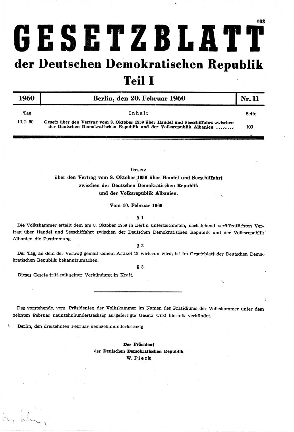 Gesetzblatt (GBl.) der Deutschen Demokratischen Republik (DDR) Teil Ⅰ 1960, Seite 103 (GBl. DDR Ⅰ 1960, S. 103)