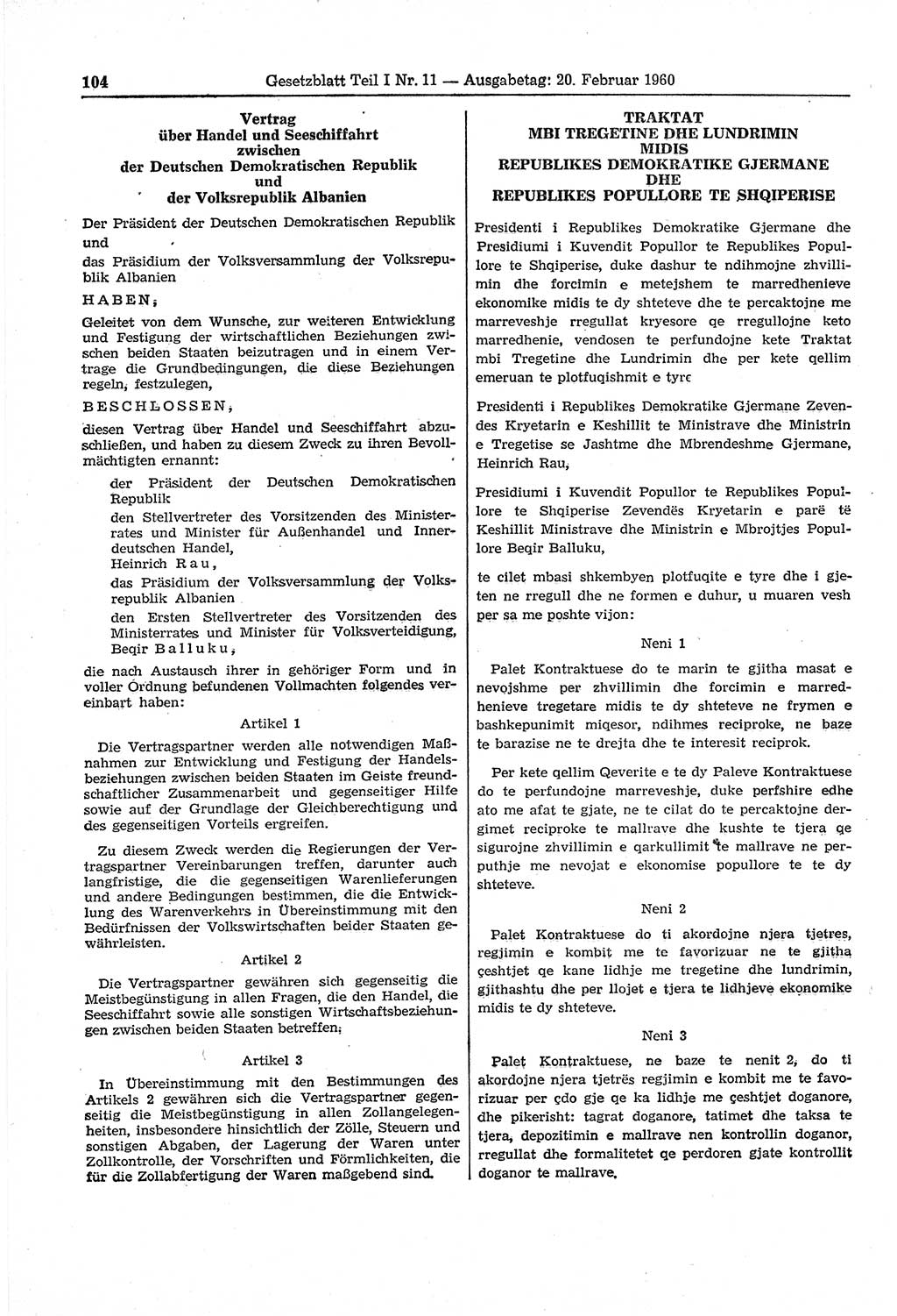 Gesetzblatt (GBl.) der Deutschen Demokratischen Republik (DDR) Teil Ⅰ 1960, Seite 104 (GBl. DDR Ⅰ 1960, S. 104)