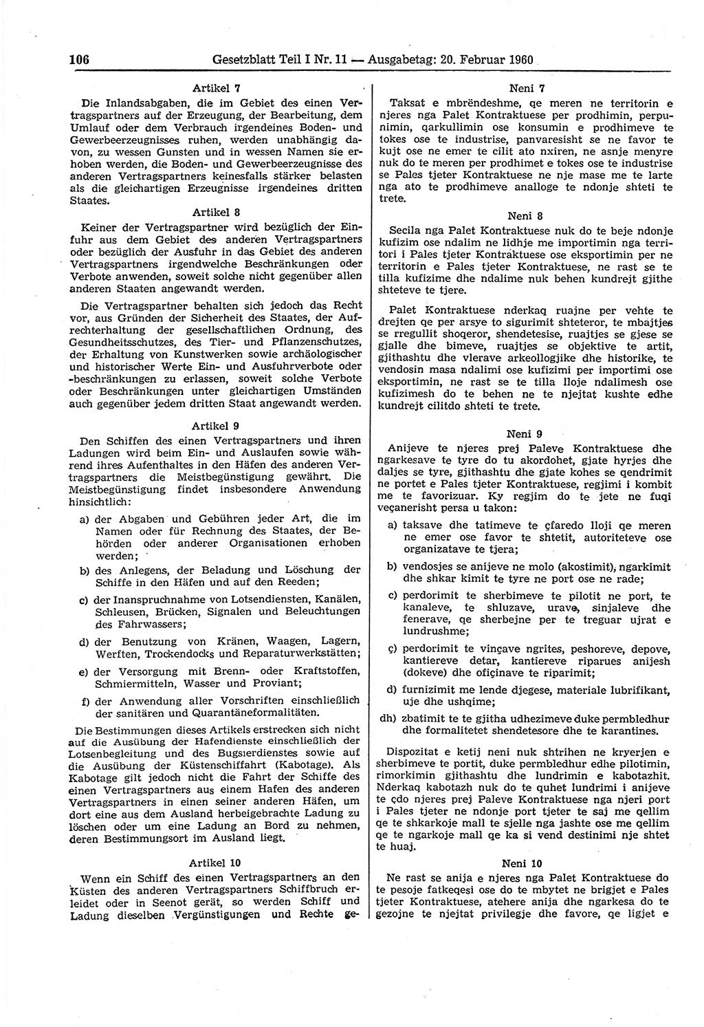Gesetzblatt (GBl.) der Deutschen Demokratischen Republik (DDR) Teil Ⅰ 1960, Seite 106 (GBl. DDR Ⅰ 1960, S. 106)
