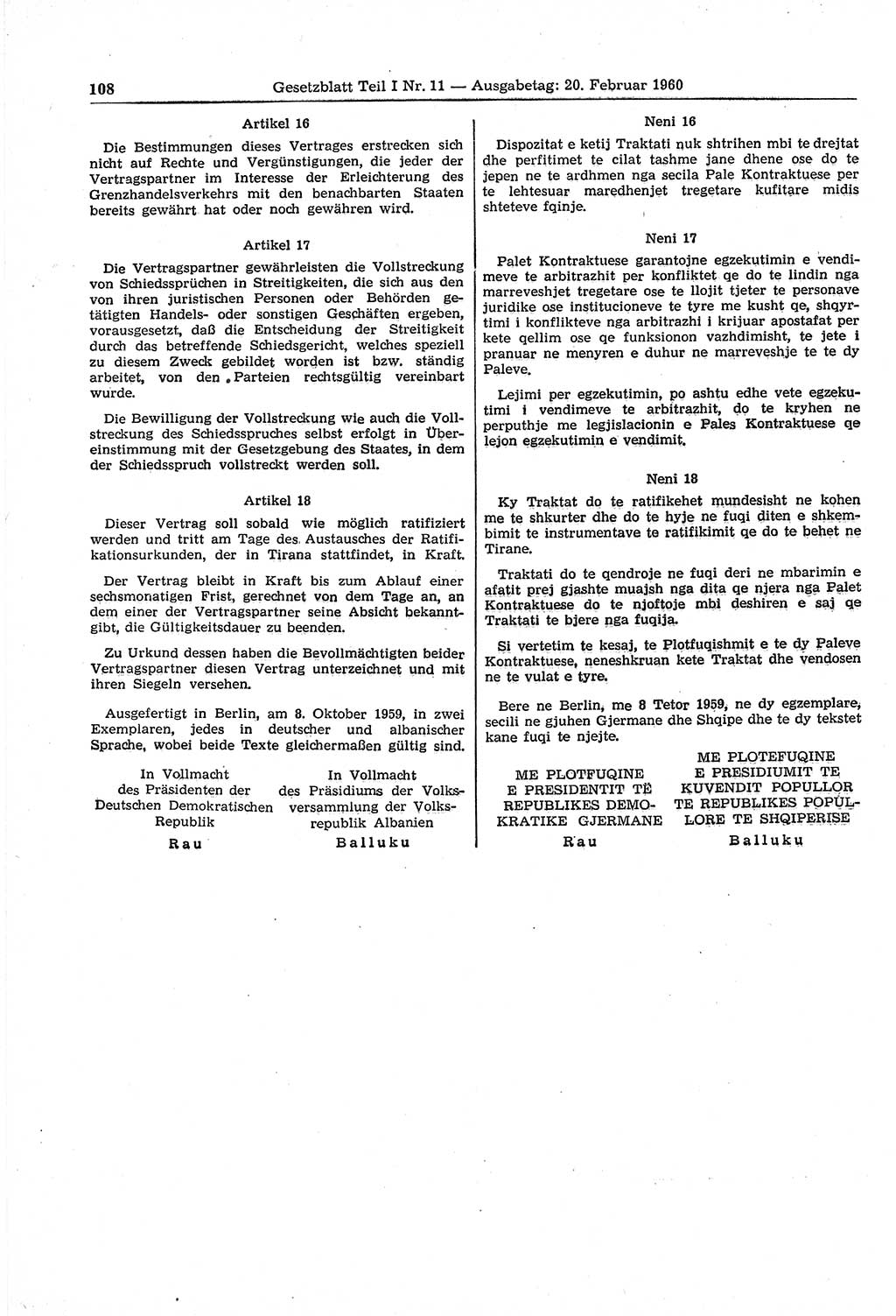 Gesetzblatt (GBl.) der Deutschen Demokratischen Republik (DDR) Teil Ⅰ 1960, Seite 108 (GBl. DDR Ⅰ 1960, S. 108)