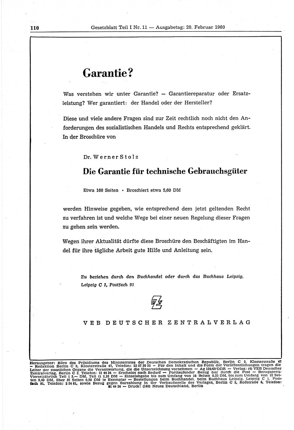 Gesetzblatt (GBl.) der Deutschen Demokratischen Republik (DDR) Teil Ⅰ 1960, Seite 110 (GBl. DDR Ⅰ 1960, S. 110)