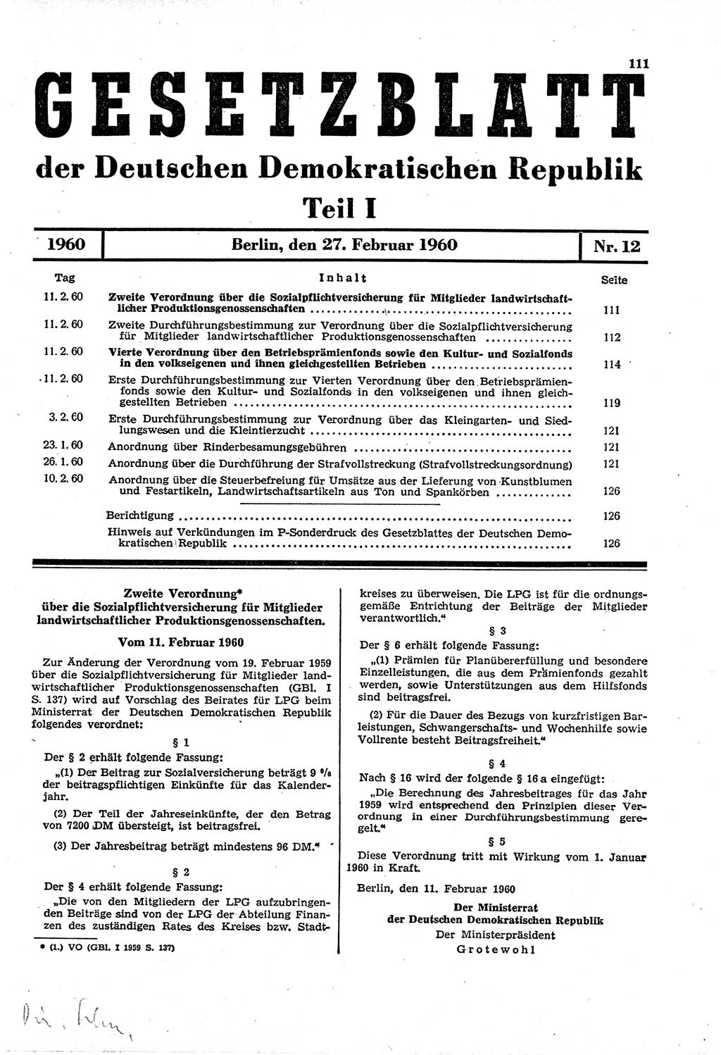 Gesetzblatt (GBl.) der Deutschen Demokratischen Republik (DDR) Teil Ⅰ 1960, Seite 111 (GBl. DDR Ⅰ 1960, S. 111)