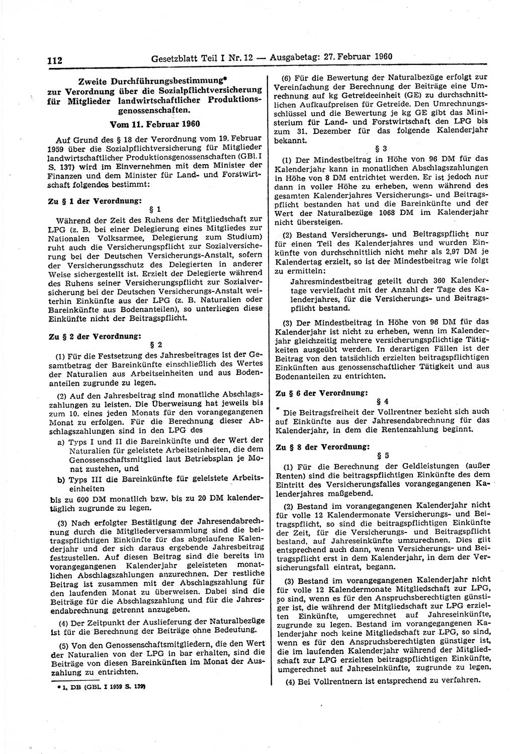 Gesetzblatt (GBl.) der Deutschen Demokratischen Republik (DDR) Teil Ⅰ 1960, Seite 112 (GBl. DDR Ⅰ 1960, S. 112)