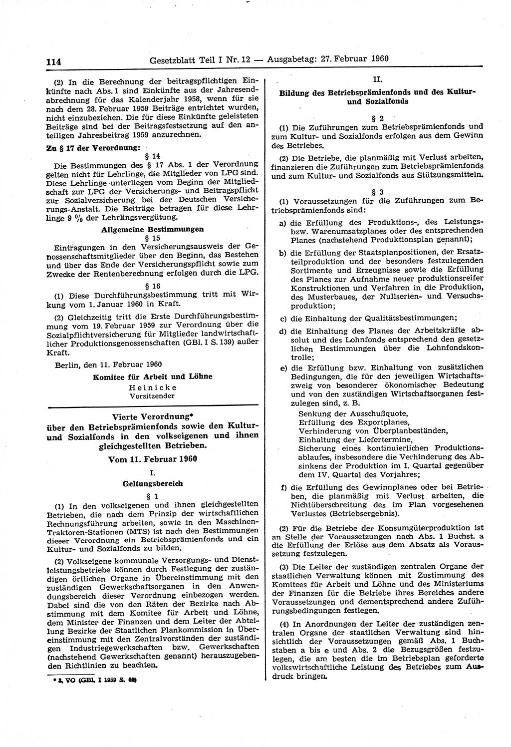 Gesetzblatt (GBl.) der Deutschen Demokratischen Republik (DDR) Teil Ⅰ 1960, Seite 114 (GBl. DDR Ⅰ 1960, S. 114)