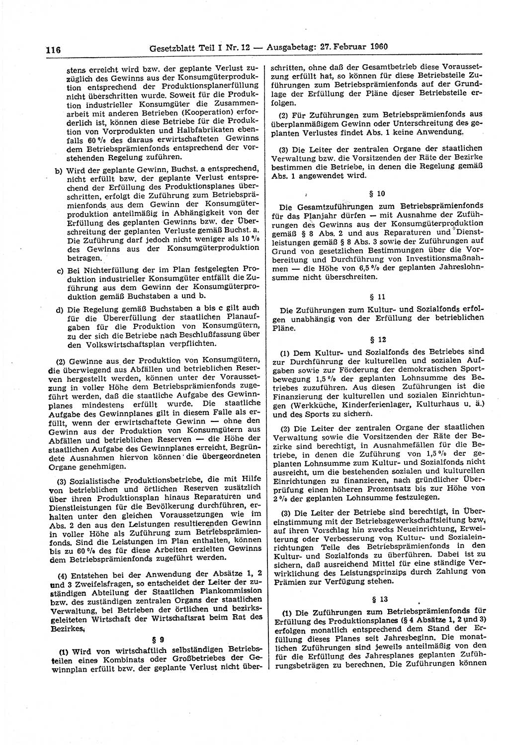 Gesetzblatt (GBl.) der Deutschen Demokratischen Republik (DDR) Teil â… 1960, Seite 116 (GBl. DDR â… 1960, S. 116)