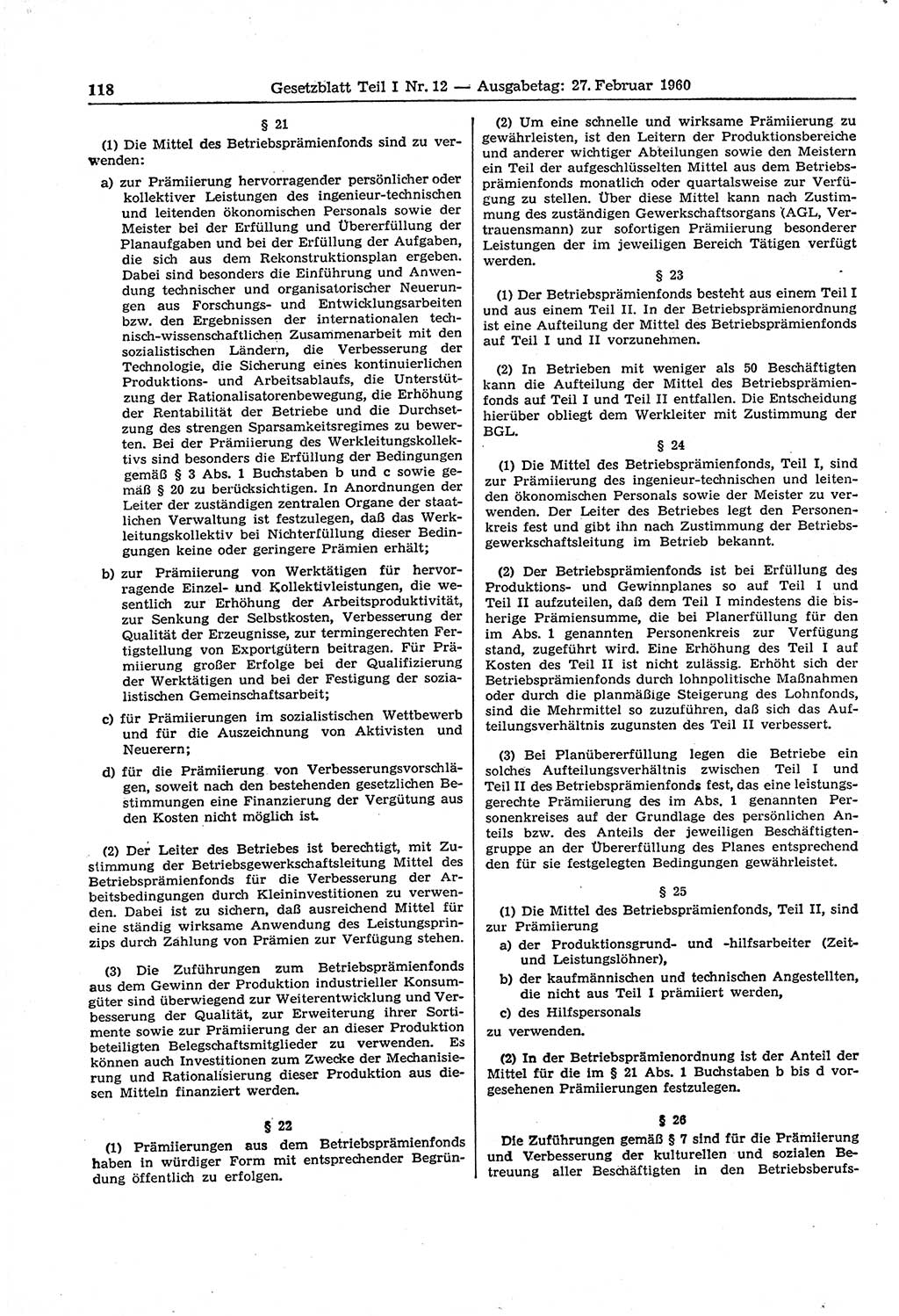 Gesetzblatt (GBl.) der Deutschen Demokratischen Republik (DDR) Teil Ⅰ 1960, Seite 118 (GBl. DDR Ⅰ 1960, S. 118)