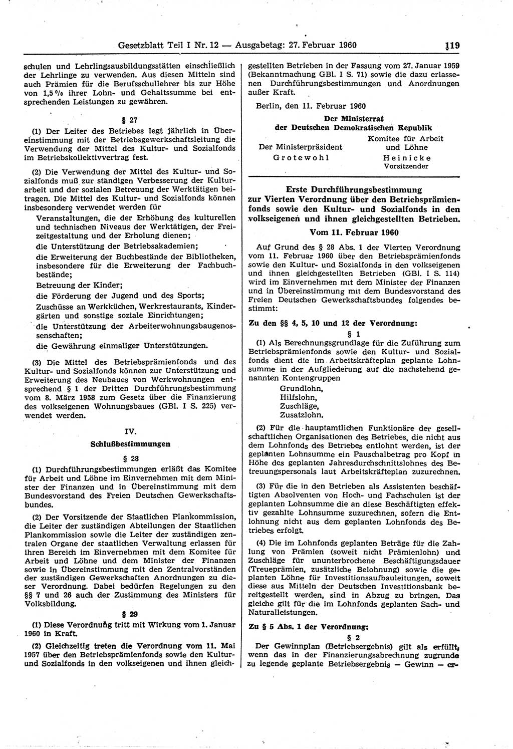 Gesetzblatt (GBl.) der Deutschen Demokratischen Republik (DDR) Teil Ⅰ 1960, Seite 119 (GBl. DDR Ⅰ 1960, S. 119)