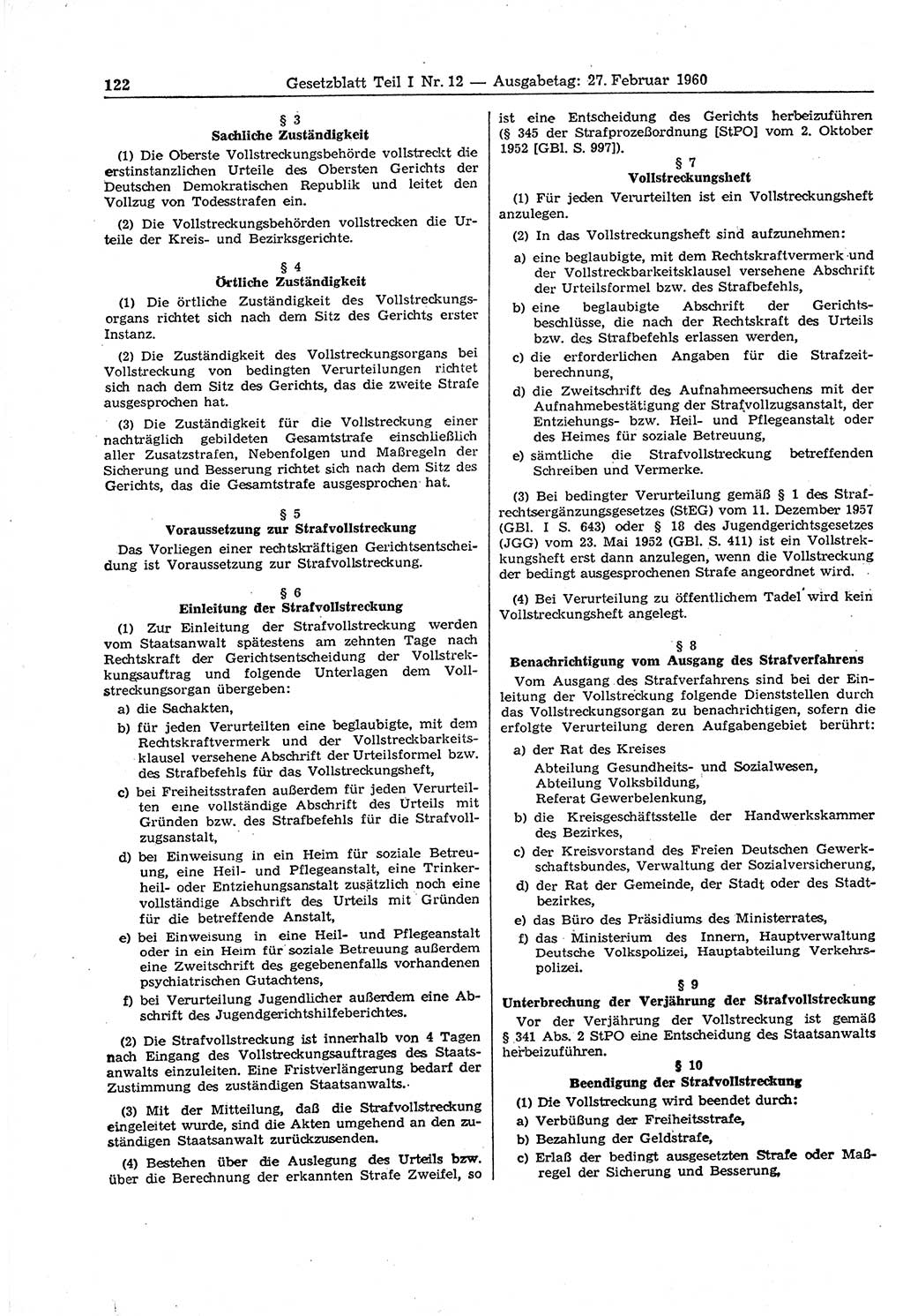 Gesetzblatt (GBl.) der Deutschen Demokratischen Republik (DDR) Teil Ⅰ 1960, Seite 122 (GBl. DDR Ⅰ 1960, S. 122)