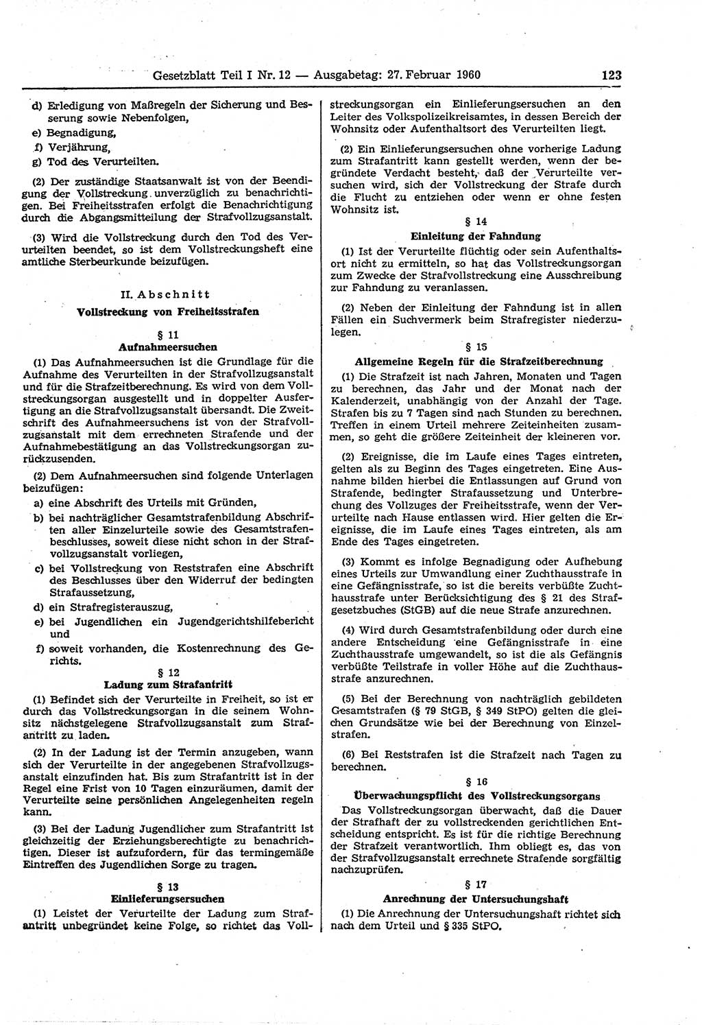 Gesetzblatt (GBl.) der Deutschen Demokratischen Republik (DDR) Teil Ⅰ 1960, Seite 123 (GBl. DDR Ⅰ 1960, S. 123)