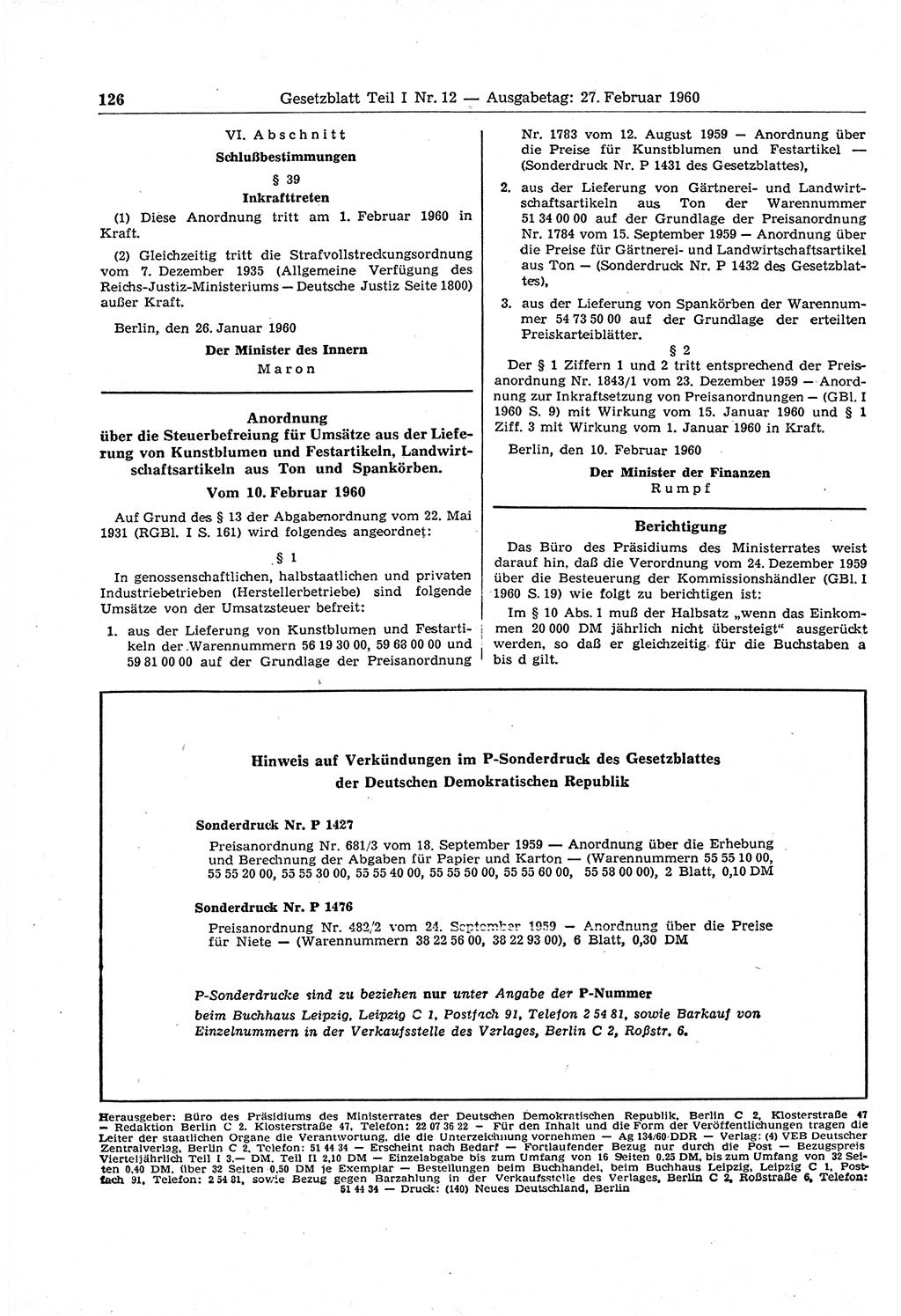 Gesetzblatt (GBl.) der Deutschen Demokratischen Republik (DDR) Teil Ⅰ 1960, Seite 126 (GBl. DDR Ⅰ 1960, S. 126)