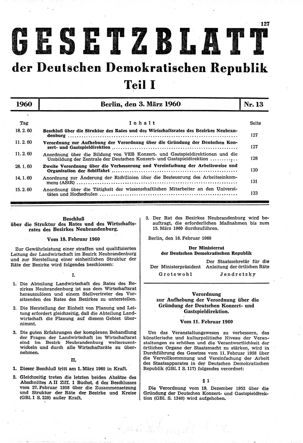 Gesetzblatt (GBl.) der Deutschen Demokratischen Republik (DDR) Teil Ⅰ 1960, Seite 127 (GBl. DDR Ⅰ 1960, S. 127)