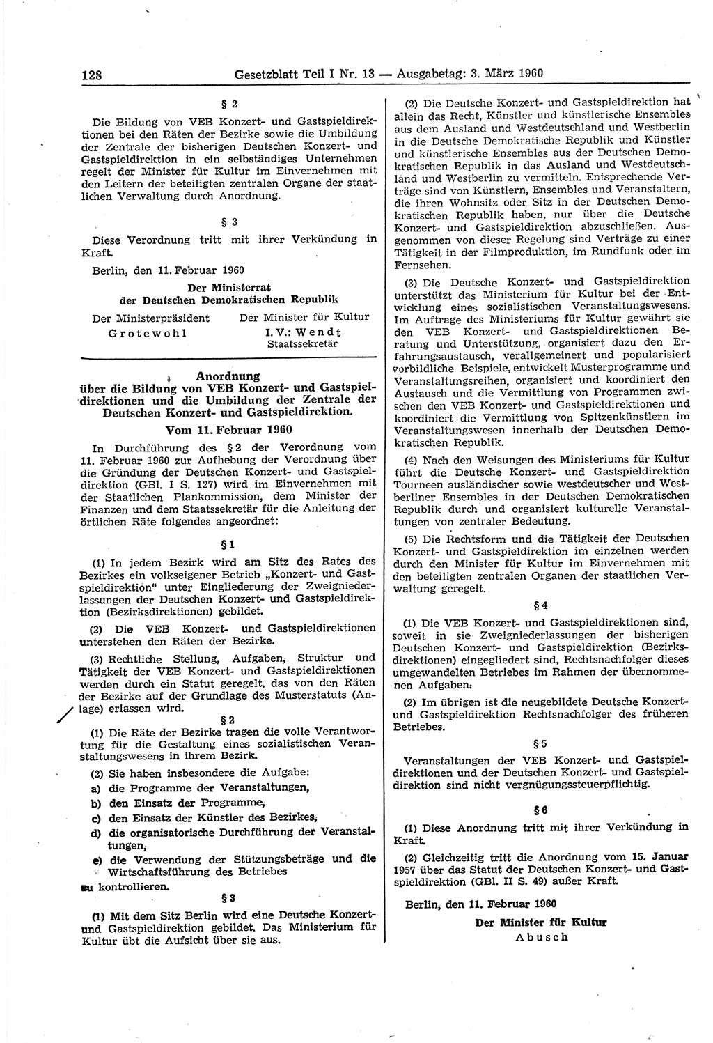 Gesetzblatt (GBl.) der Deutschen Demokratischen Republik (DDR) Teil Ⅰ 1960, Seite 128 (GBl. DDR Ⅰ 1960, S. 128)