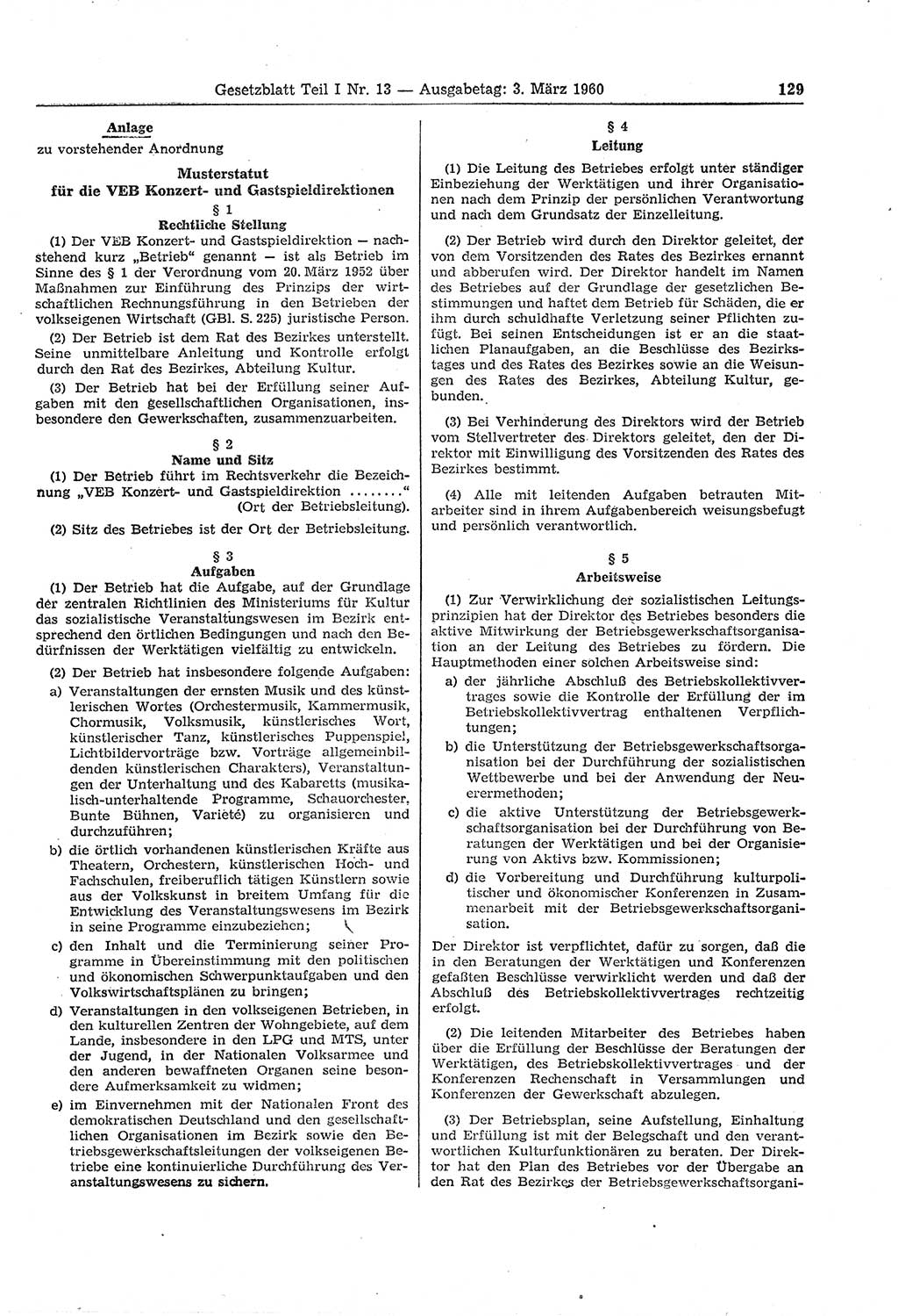 Gesetzblatt (GBl.) der Deutschen Demokratischen Republik (DDR) Teil Ⅰ 1960, Seite 129 (GBl. DDR Ⅰ 1960, S. 129)