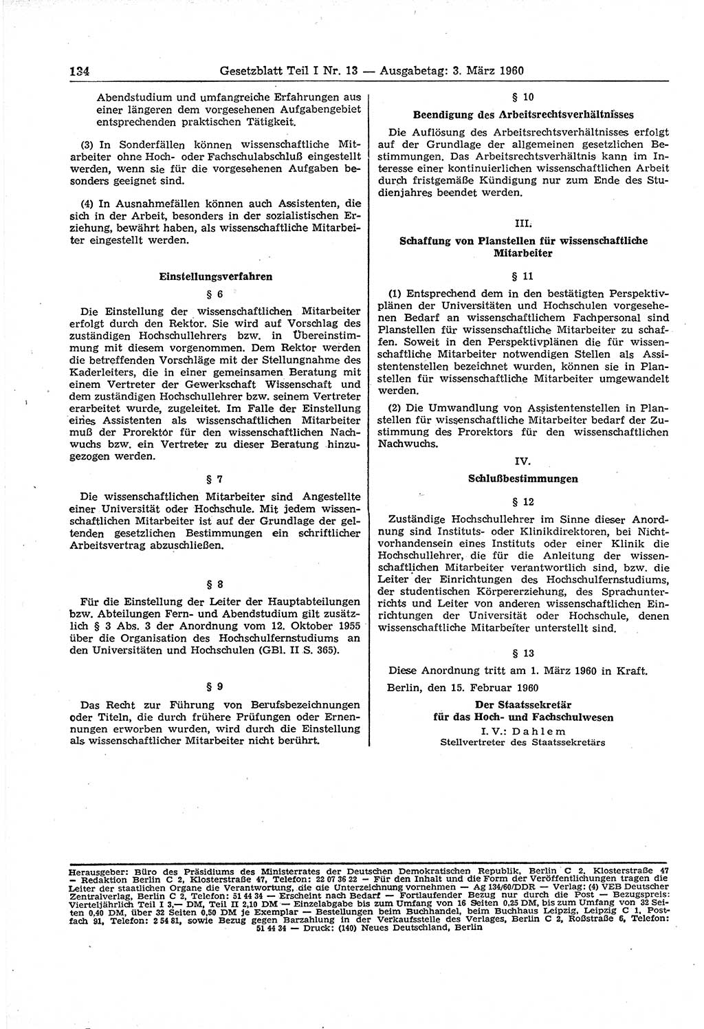 Gesetzblatt (GBl.) der Deutschen Demokratischen Republik (DDR) Teil Ⅰ 1960, Seite 134 (GBl. DDR Ⅰ 1960, S. 134)