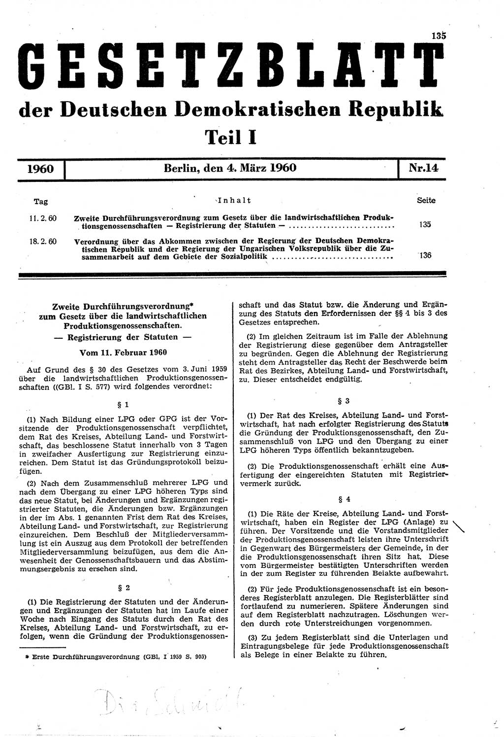 Gesetzblatt (GBl.) der Deutschen Demokratischen Republik (DDR) Teil Ⅰ 1960, Seite 135 (GBl. DDR Ⅰ 1960, S. 135)