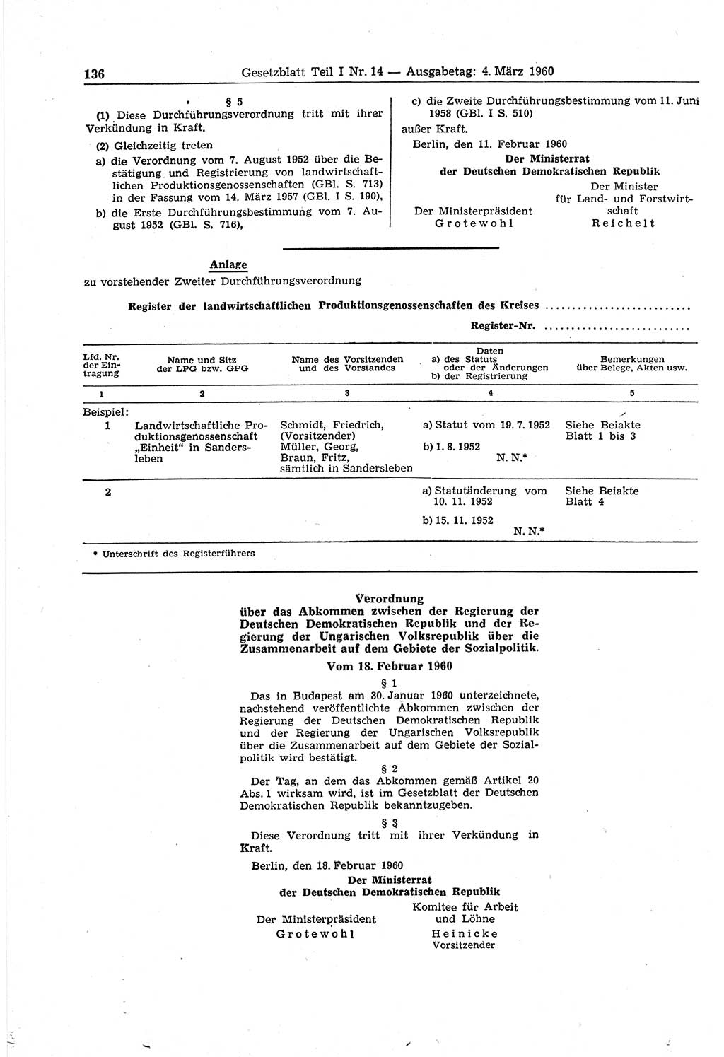 Gesetzblatt (GBl.) der Deutschen Demokratischen Republik (DDR) Teil Ⅰ 1960, Seite 136 (GBl. DDR Ⅰ 1960, S. 136)