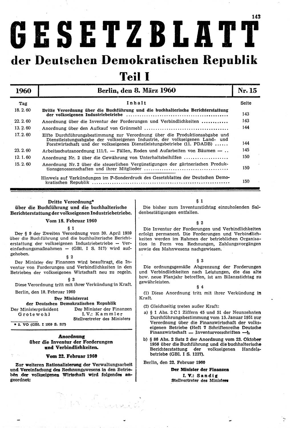 Gesetzblatt (GBl.) der Deutschen Demokratischen Republik (DDR) Teil Ⅰ 1960, Seite 143 (GBl. DDR Ⅰ 1960, S. 143)