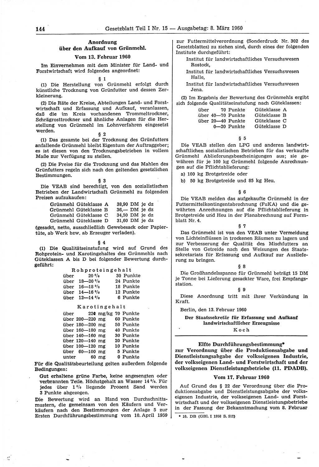 Gesetzblatt (GBl.) der Deutschen Demokratischen Republik (DDR) Teil Ⅰ 1960, Seite 144 (GBl. DDR Ⅰ 1960, S. 144)