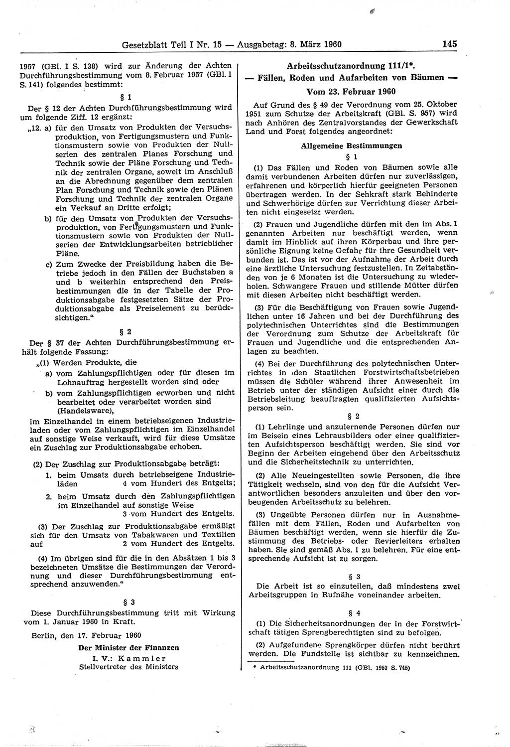 Gesetzblatt (GBl.) der Deutschen Demokratischen Republik (DDR) Teil Ⅰ 1960, Seite 145 (GBl. DDR Ⅰ 1960, S. 145)