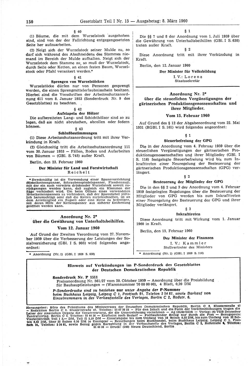 Gesetzblatt (GBl.) der Deutschen Demokratischen Republik (DDR) Teil Ⅰ 1960, Seite 150 (GBl. DDR Ⅰ 1960, S. 150)