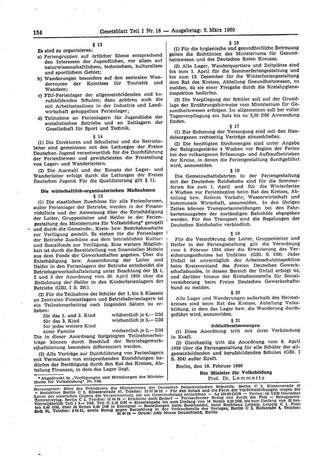 Gesetzblatt (GBl.) der Deutschen Demokratischen Republik (DDR) Teil Ⅰ 1960, Seite 154 (GBl. DDR Ⅰ 1960, S. 154)