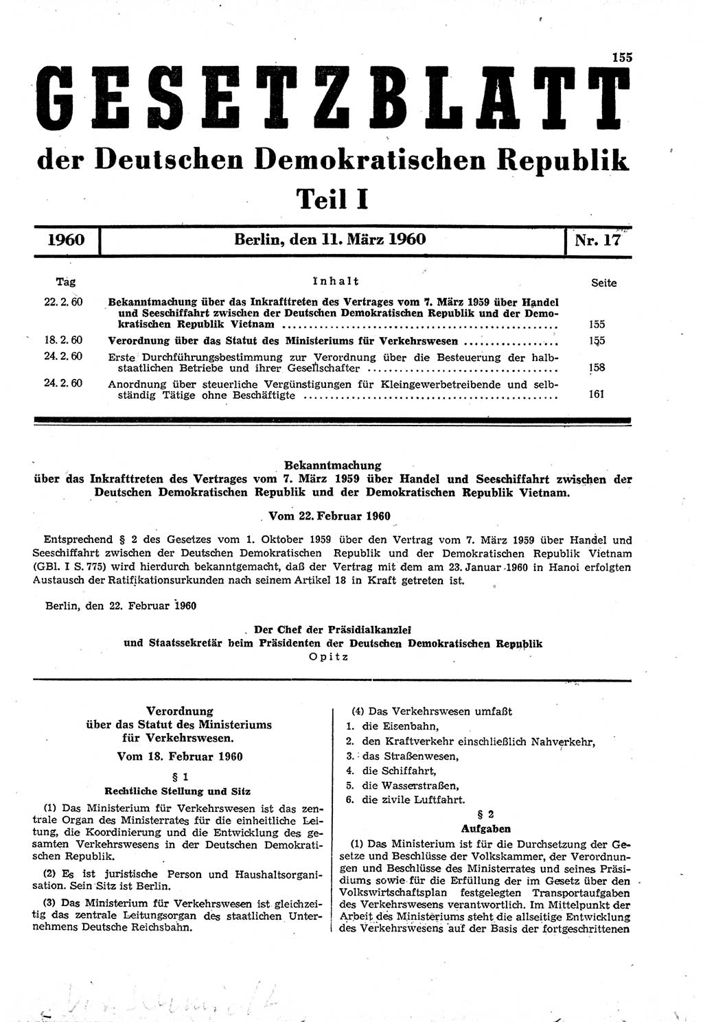 Gesetzblatt (GBl.) der Deutschen Demokratischen Republik (DDR) Teil Ⅰ 1960, Seite 155 (GBl. DDR Ⅰ 1960, S. 155)