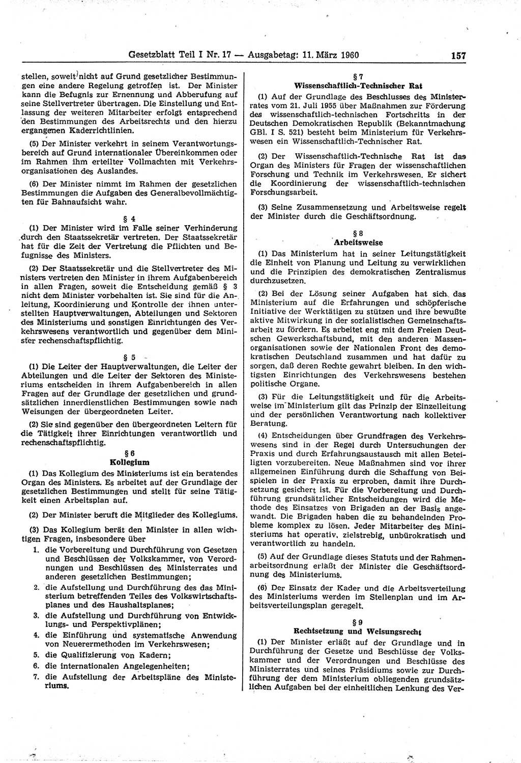 Gesetzblatt (GBl.) der Deutschen Demokratischen Republik (DDR) Teil Ⅰ 1960, Seite 157 (GBl. DDR Ⅰ 1960, S. 157)