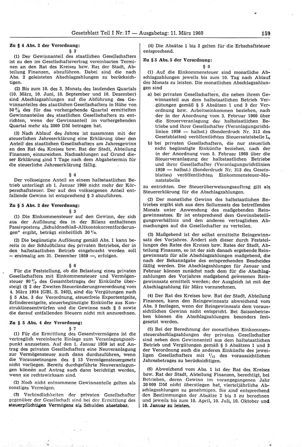 Gesetzblatt (GBl.) der Deutschen Demokratischen Republik (DDR) Teil Ⅰ 1960, Seite 159 (GBl. DDR Ⅰ 1960, S. 159)