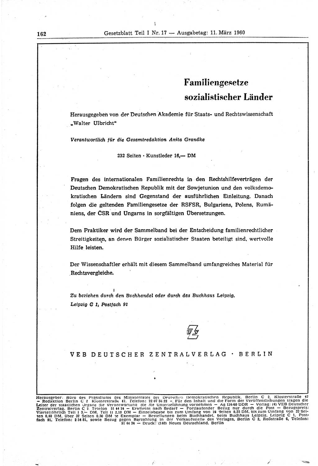 Gesetzblatt (GBl.) der Deutschen Demokratischen Republik (DDR) Teil Ⅰ 1960, Seite 162 (GBl. DDR Ⅰ 1960, S. 162)