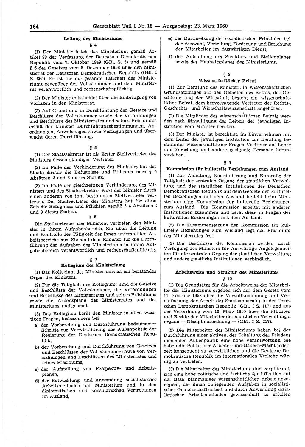 Gesetzblatt (GBl.) der Deutschen Demokratischen Republik (DDR) Teil Ⅰ 1960, Seite 164 (GBl. DDR Ⅰ 1960, S. 164)