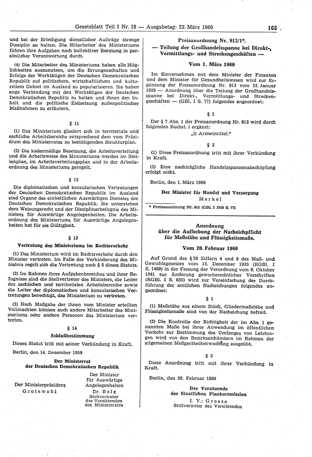 Gesetzblatt (GBl.) der Deutschen Demokratischen Republik (DDR) Teil Ⅰ 1960, Seite 165 (GBl. DDR Ⅰ 1960, S. 165)