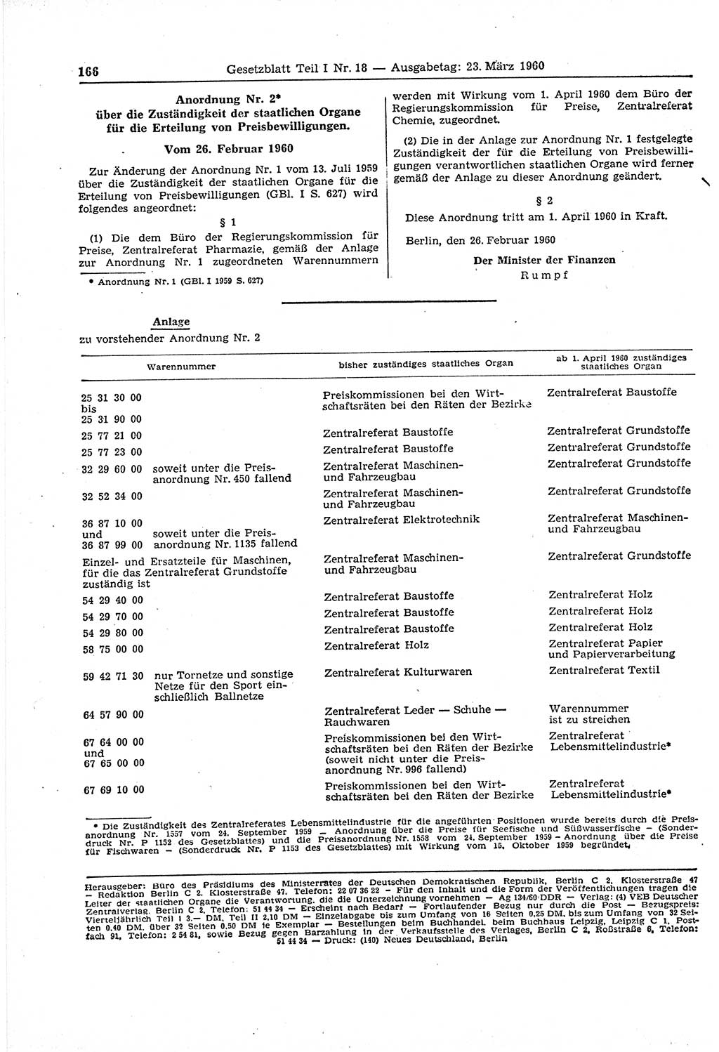Gesetzblatt (GBl.) der Deutschen Demokratischen Republik (DDR) Teil Ⅰ 1960, Seite 166 (GBl. DDR Ⅰ 1960, S. 166)