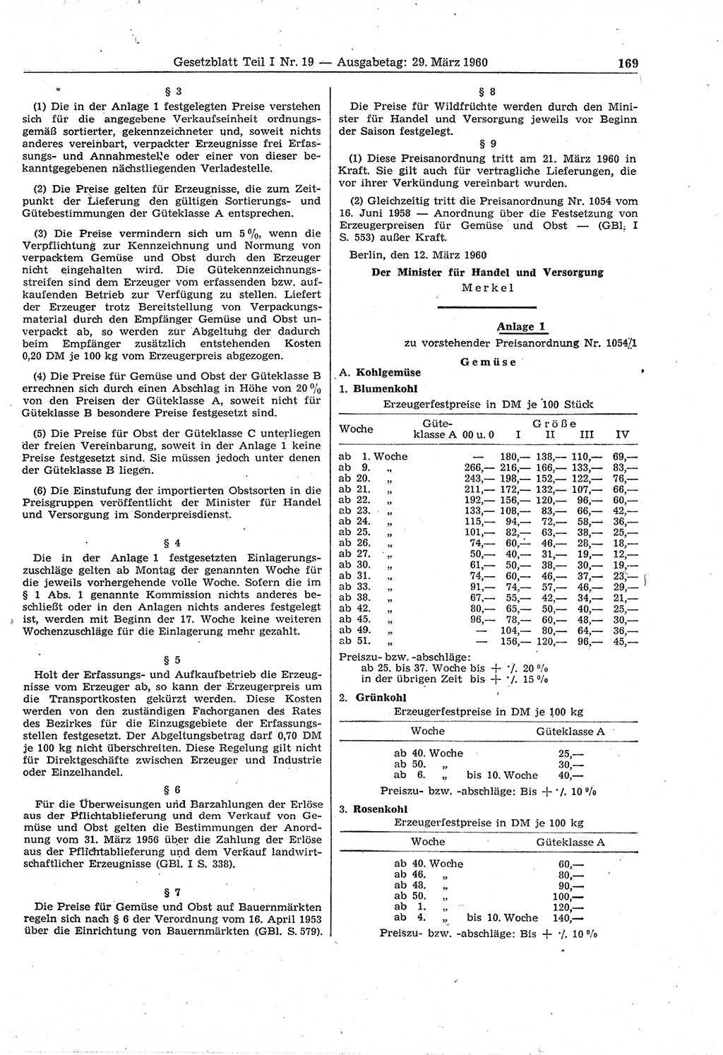 Gesetzblatt (GBl.) der Deutschen Demokratischen Republik (DDR) Teil Ⅰ 1960, Seite 169 (GBl. DDR Ⅰ 1960, S. 169)