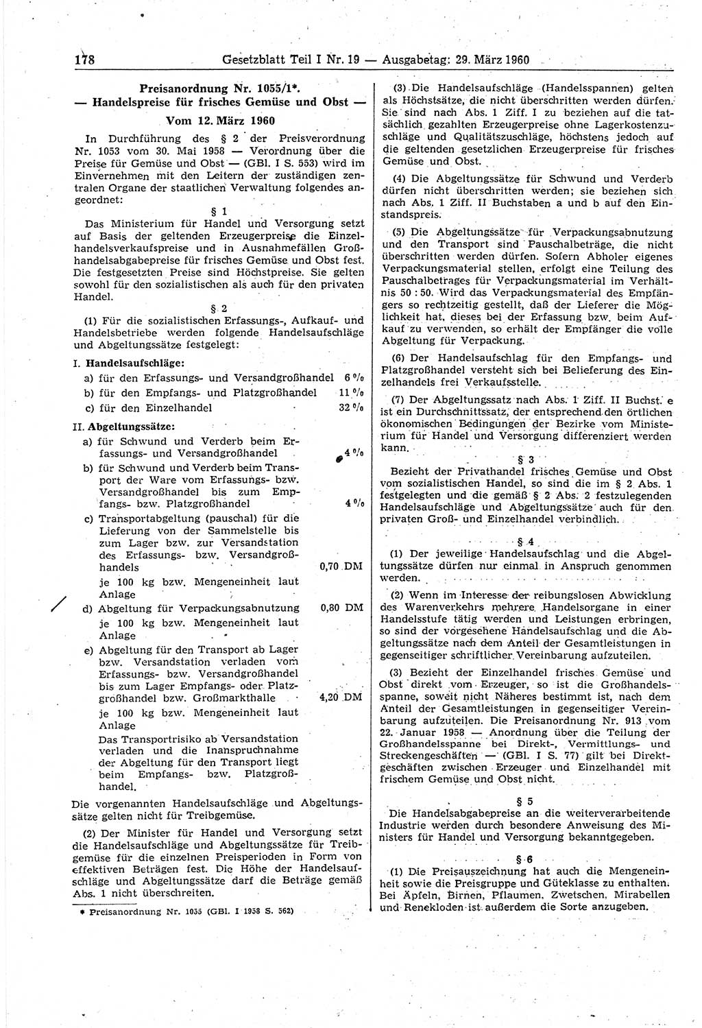 Gesetzblatt (GBl.) der Deutschen Demokratischen Republik (DDR) Teil Ⅰ 1960, Seite 178 (GBl. DDR Ⅰ 1960, S. 178)