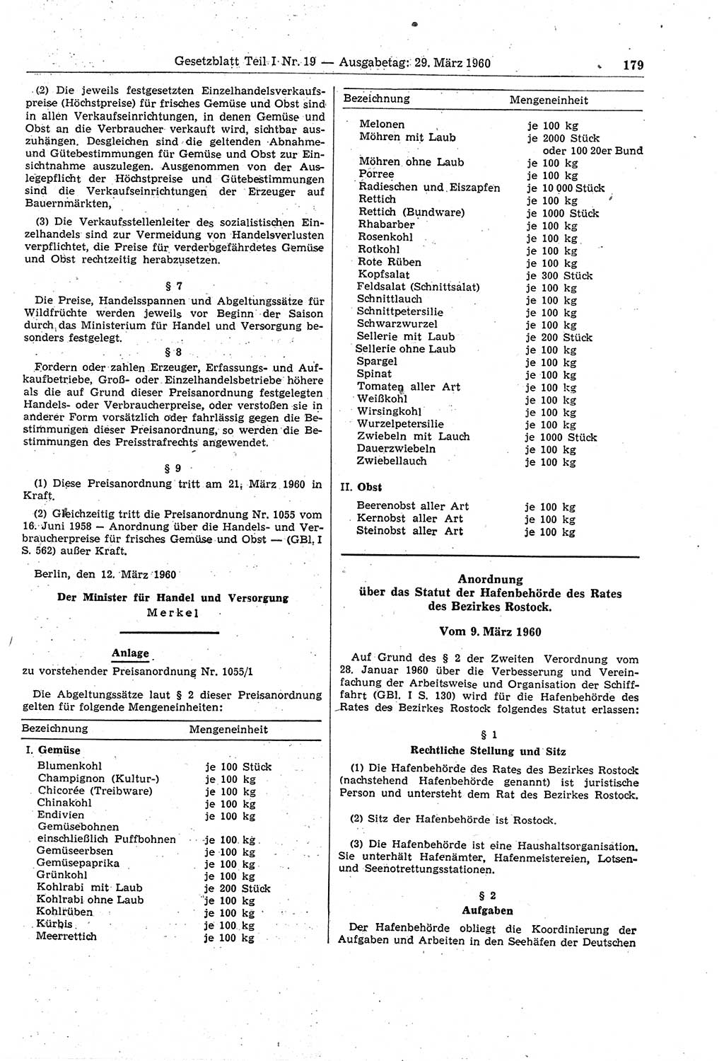 Gesetzblatt (GBl.) der Deutschen Demokratischen Republik (DDR) Teil Ⅰ 1960, Seite 179 (GBl. DDR Ⅰ 1960, S. 179)