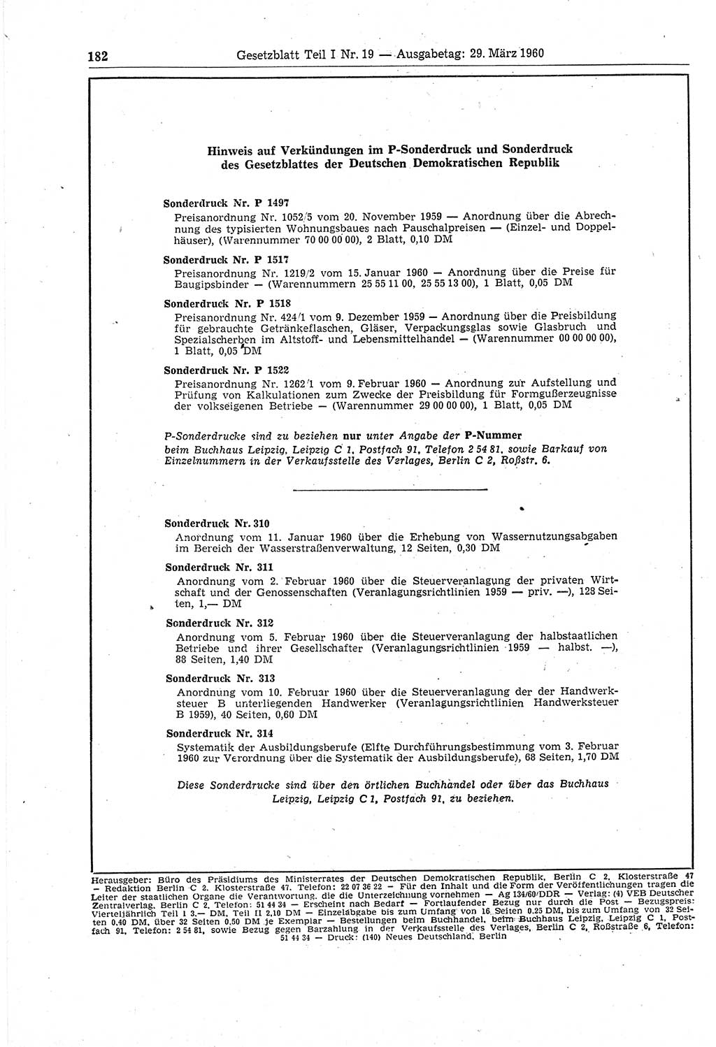 Gesetzblatt (GBl.) der Deutschen Demokratischen Republik (DDR) Teil Ⅰ 1960, Seite 182 (GBl. DDR Ⅰ 1960, S. 182)