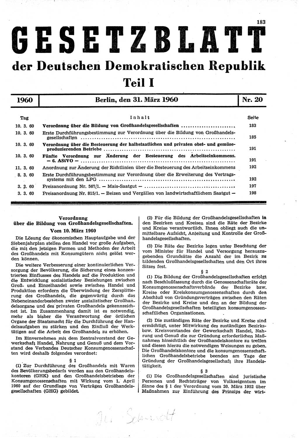Gesetzblatt (GBl.) der Deutschen Demokratischen Republik (DDR) Teil Ⅰ 1960, Seite 183 (GBl. DDR Ⅰ 1960, S. 183)