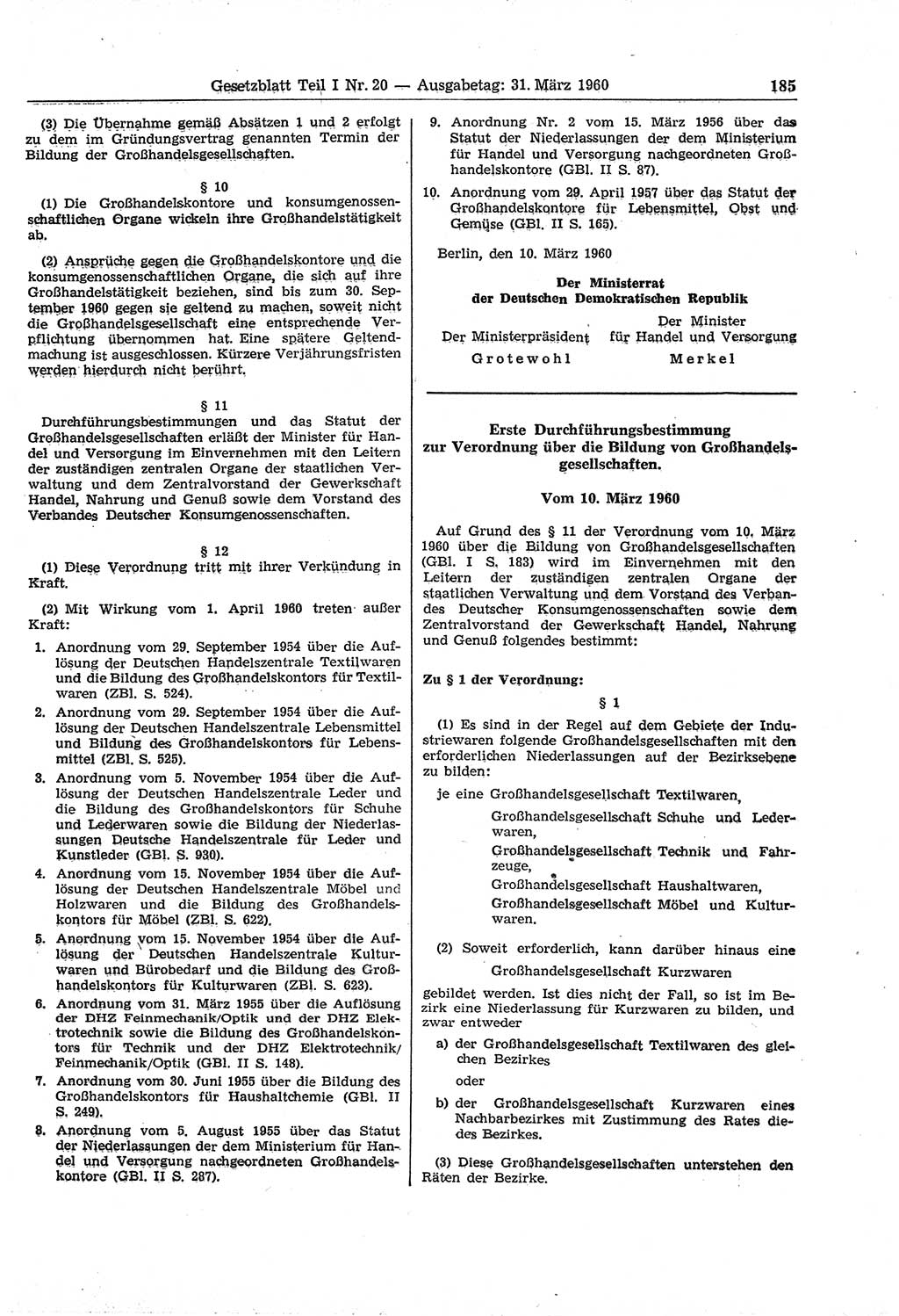 Gesetzblatt (GBl.) der Deutschen Demokratischen Republik (DDR) Teil Ⅰ 1960, Seite 185 (GBl. DDR Ⅰ 1960, S. 185)