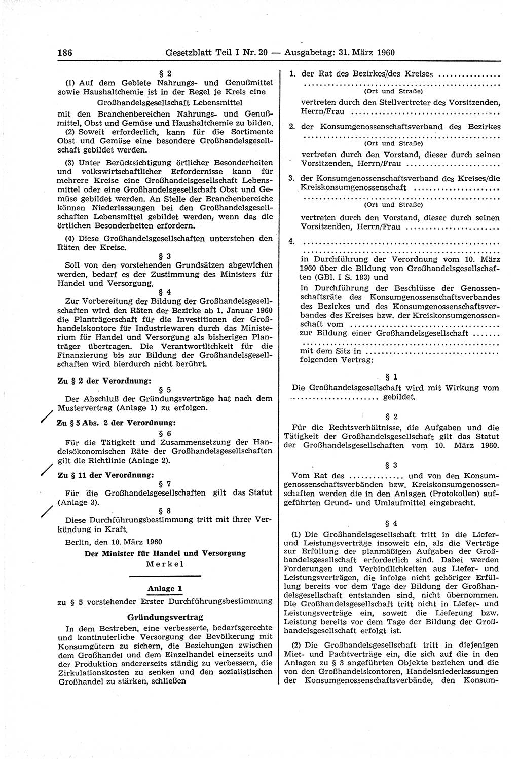 Gesetzblatt (GBl.) der Deutschen Demokratischen Republik (DDR) Teil Ⅰ 1960, Seite 186 (GBl. DDR Ⅰ 1960, S. 186)