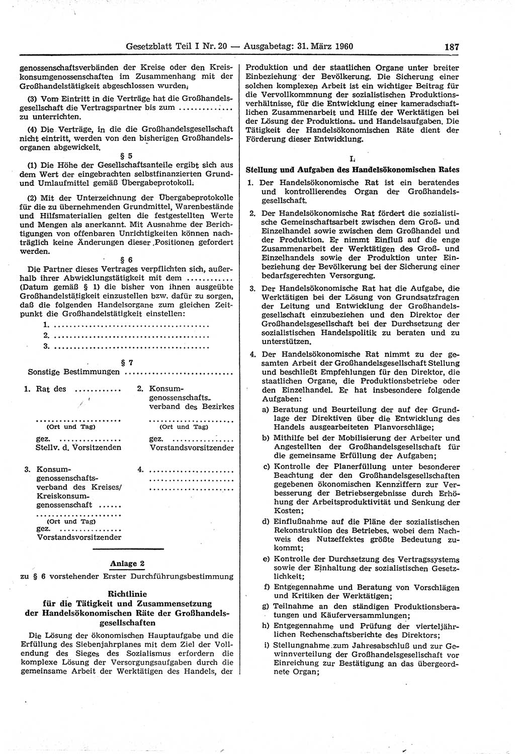 Gesetzblatt (GBl.) der Deutschen Demokratischen Republik (DDR) Teil Ⅰ 1960, Seite 187 (GBl. DDR Ⅰ 1960, S. 187)