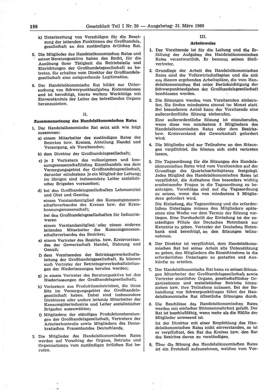 Gesetzblatt (GBl.) der Deutschen Demokratischen Republik (DDR) Teil Ⅰ 1960, Seite 188 (GBl. DDR Ⅰ 1960, S. 188)