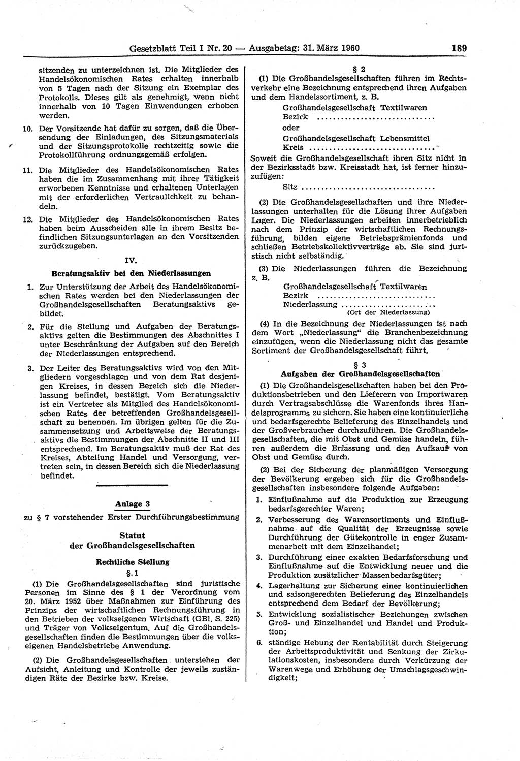 Gesetzblatt (GBl.) der Deutschen Demokratischen Republik (DDR) Teil Ⅰ 1960, Seite 189 (GBl. DDR Ⅰ 1960, S. 189)