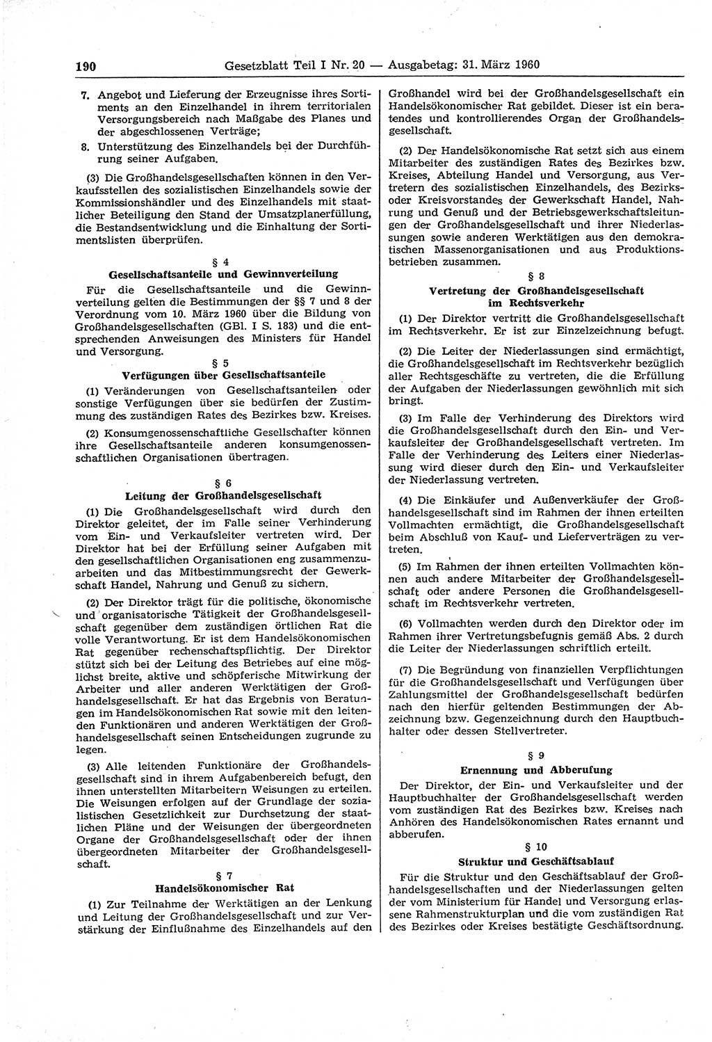 Gesetzblatt (GBl.) der Deutschen Demokratischen Republik (DDR) Teil Ⅰ 1960, Seite 190 (GBl. DDR Ⅰ 1960, S. 190)