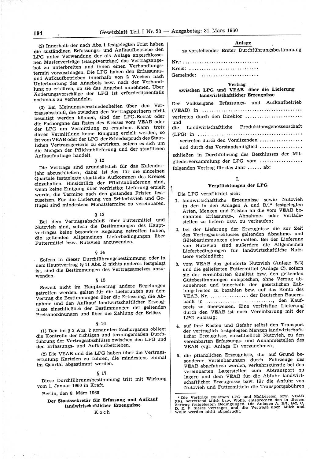 Gesetzblatt (GBl.) der Deutschen Demokratischen Republik (DDR) Teil Ⅰ 1960, Seite 194 (GBl. DDR Ⅰ 1960, S. 194)