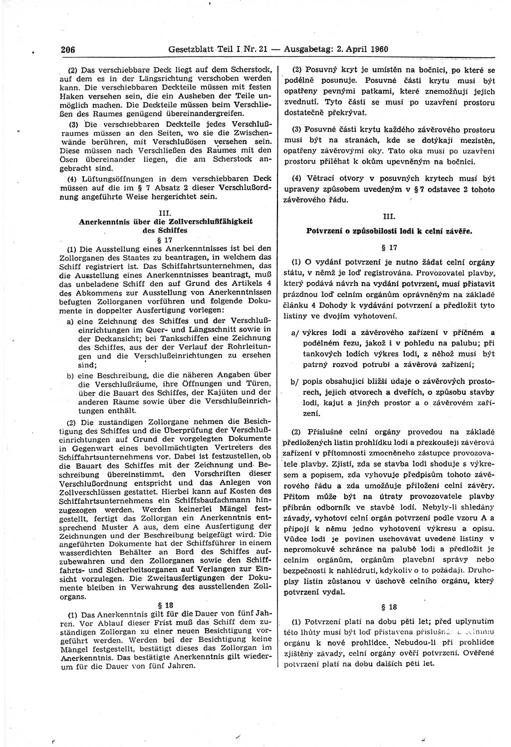 Gesetzblatt (GBl.) der Deutschen Demokratischen Republik (DDR) Teil Ⅰ 1960, Seite 206 (GBl. DDR Ⅰ 1960, S. 206)